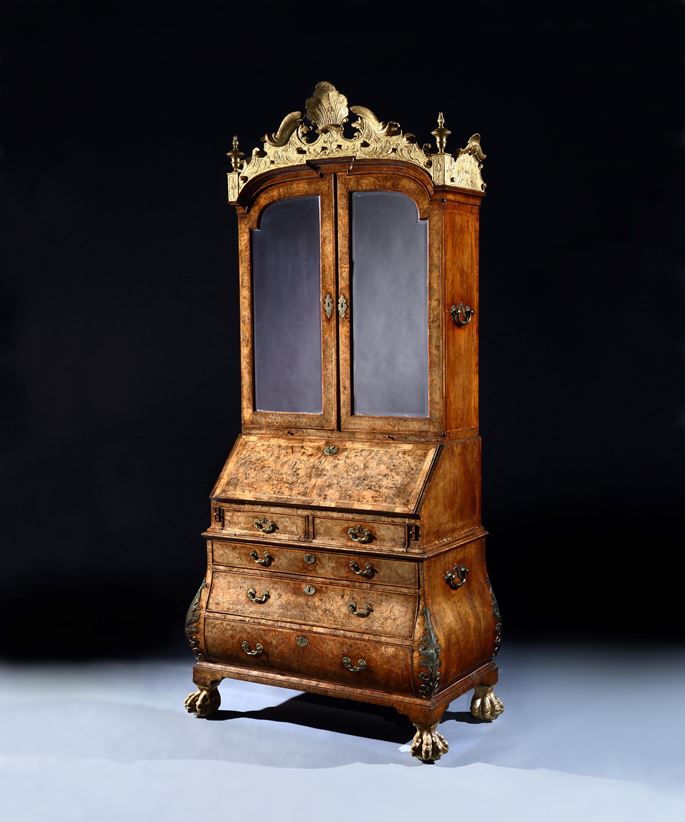An Exceptionally Rare Burr Walnut Giltwood and Brass Mounted Bombe Bureau Cabinet | MasterArt